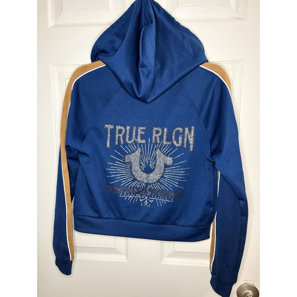 TRUE RELIGION Women's Blue Crystal Hoodie Jacket Size Small